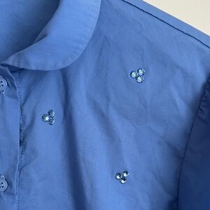 Elegant Blue Women's Poplin Button Down Shirt with Bedazzling